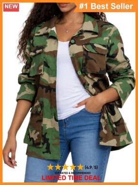 Women's Camo Cargo Utility Jacket Army Fatigue Button Front Relaxed Fit